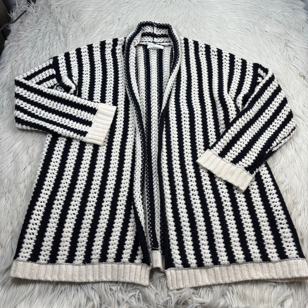 Nordstrom Women's M Black White Stripe Open Knit Cardigan Wool Cashmere
